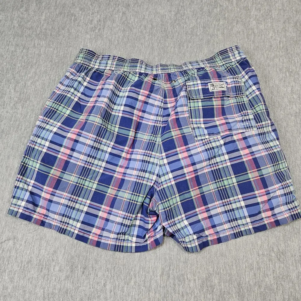 Polo Ralph Lauren Swim Shorts Mens L Blue Plaid Lined Drawstring Back Pocket